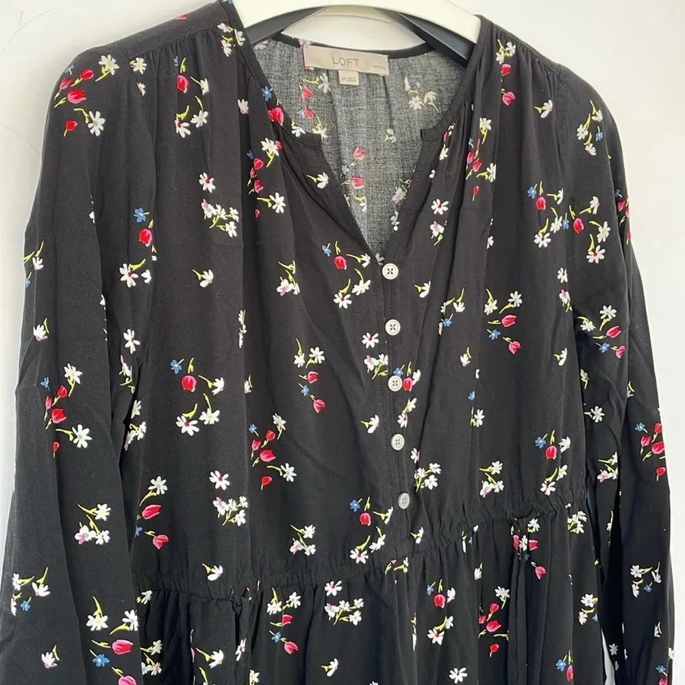 LOFT Black Casual Floral Side Tie Sundress Long Sleeves Medium Petite